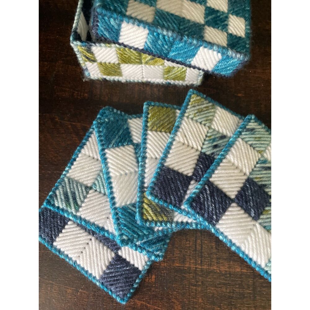 Vintage Hand Stitched Needlepoint Coaster Set w/ Box 6pc Geometric Yarn Art